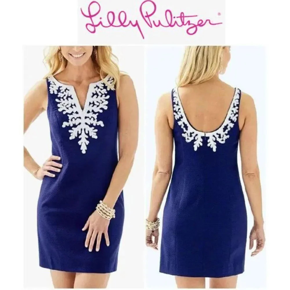 Lilly Pulitzer Gabby Shift Dress white coral Embellishments True Navy sz…